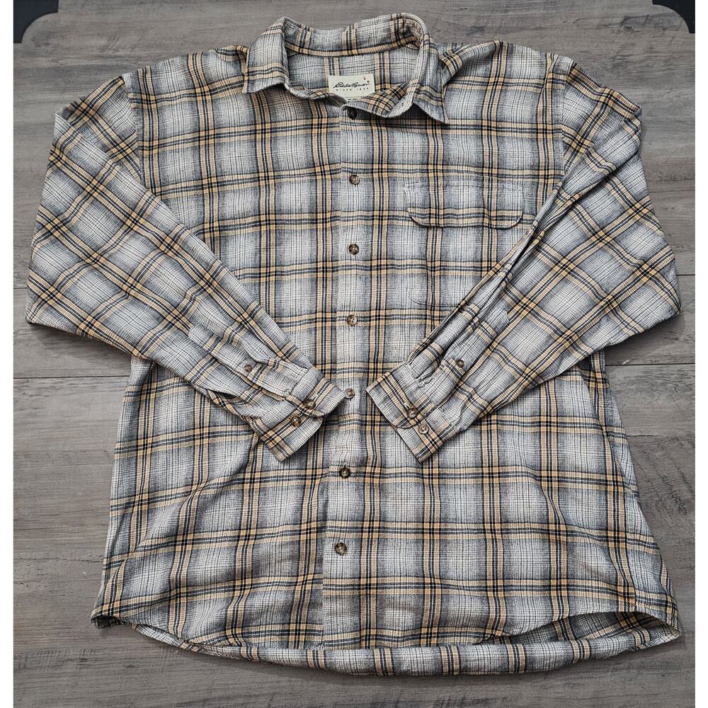 Eddie Bauer Heavy Flannel Shirt Mens Large Tall Grey Yellow Black Button Up
